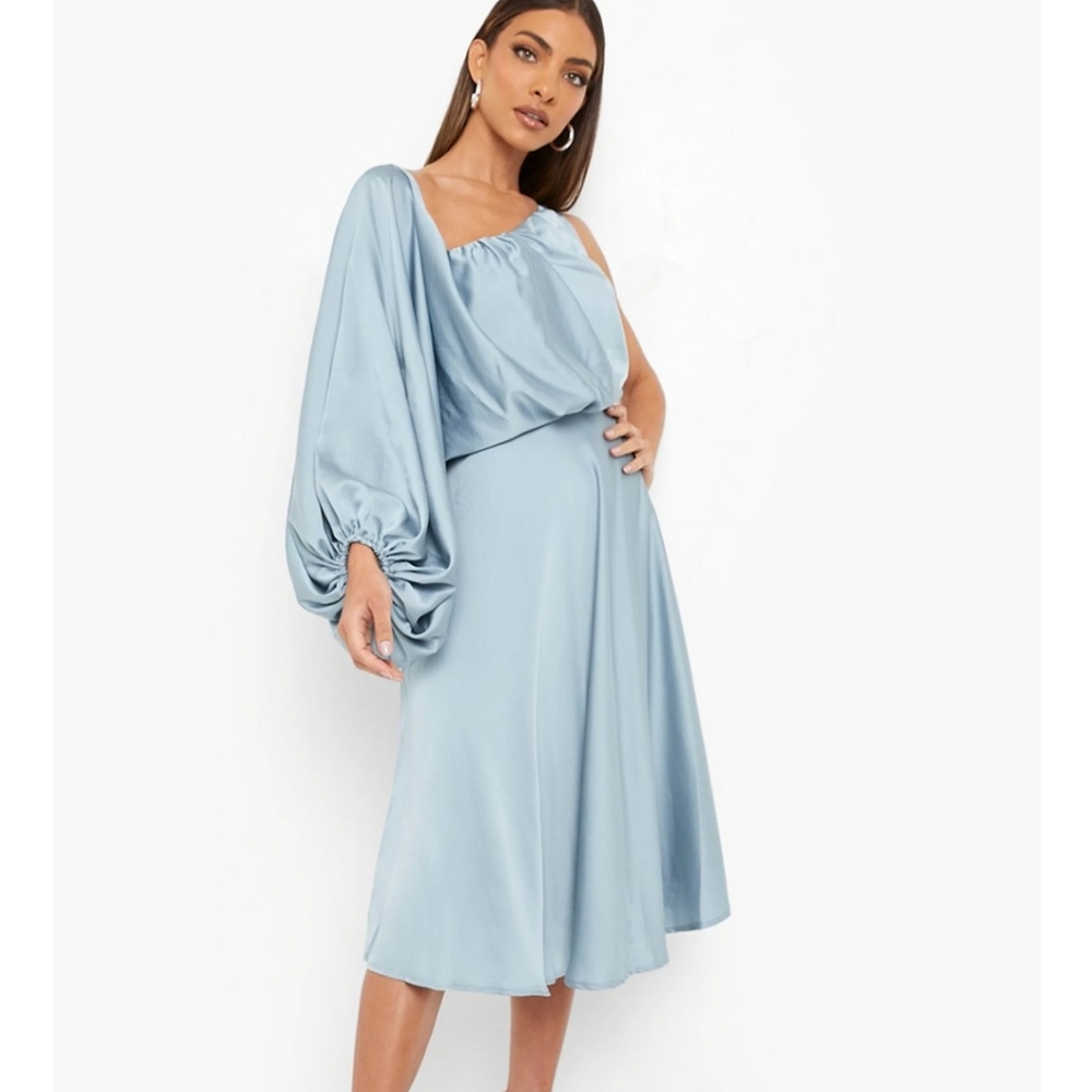 Satin Balloon Sleeve Midi Skater boohoo Dress size 14 new